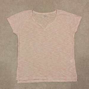 Madewell Women's Coral and White Highsmith Striped Split Neck Short Sleeve Tee